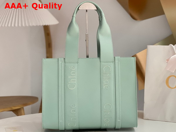 Chloe Medium Woody Tote Bag in Bay Green Smooth Calfskin with Chloe Logo Replica