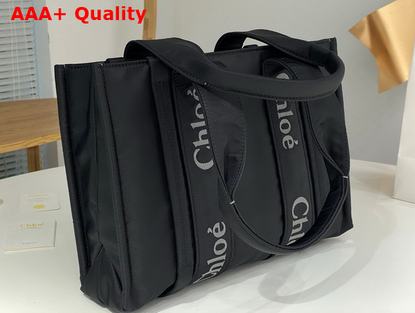 Chloe Medium Woody Tote Bag in Black Recycled Nylon with Chloe Logo Replica