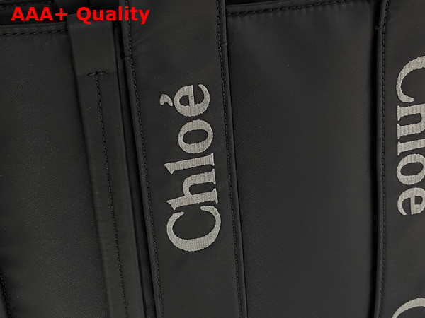 Chloe Medium Woody Tote Bag in Black Recycled Nylon with Chloe Logo Replica