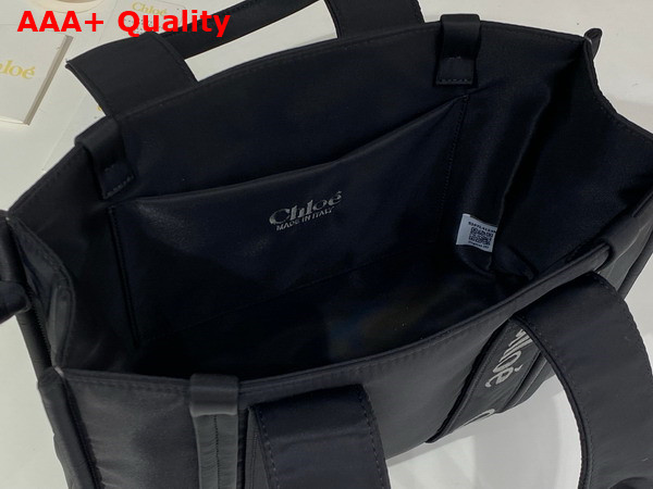 Chloe Medium Woody Tote Bag in Black Recycled Nylon with Chloe Logo Replica