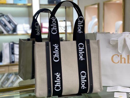 Chloe Medium Woody Tote Bag in Cotton Canvas and Shiny Calfskin with Woody Ribbon Black and Blue Replica