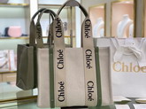 Chloe Medium Woody Tote Bag in Cotton Canvas and Shiny Calfskin with Woody Ribbon Jade Green Replica