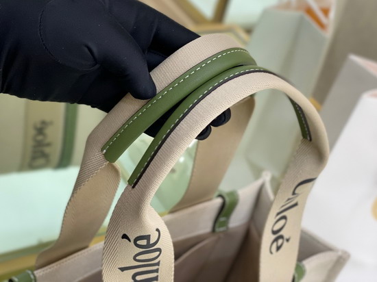 Chloe Medium Woody Tote Bag in Cotton Canvas and Shiny Calfskin with Woody Ribbon Jade Green Replica