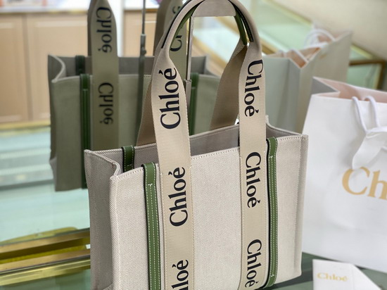 Chloe Medium Woody Tote Bag in Cotton Canvas and Shiny Calfskin with Woody Ribbon Jade Green Replica