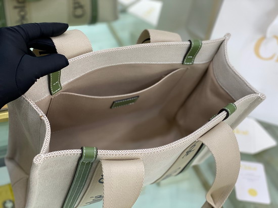 Chloe Medium Woody Tote Bag in Cotton Canvas and Shiny Calfskin with Woody Ribbon Jade Green Replica