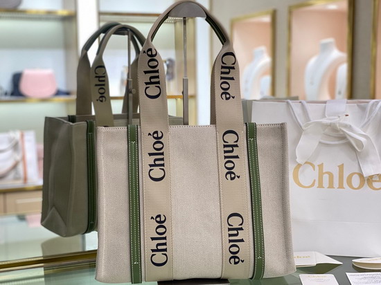 Chloe Medium Woody Tote Bag in Cotton Canvas and Shiny Calfskin with Woody Ribbon Jade Green Replica