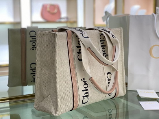 Chloe Medium Woody Tote Bag in Cotton Canvas and Shiny Calfskin with Woody Ribbon Soft Tan Replica