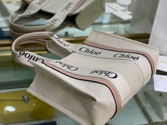 Chloe Medium Woody Tote Bag in Cotton Canvas and Shiny Calfskin with Woody Ribbon Soft Tan Replica