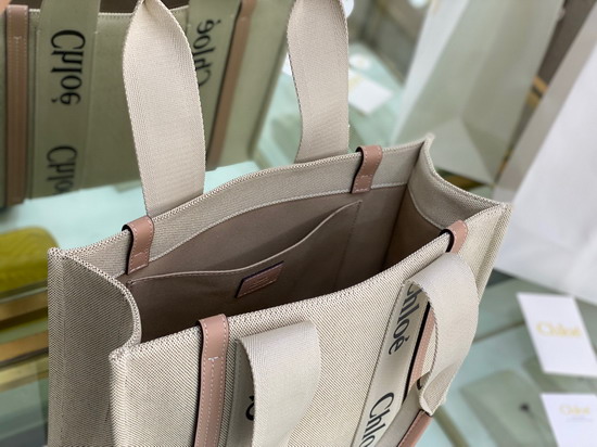 Chloe Medium Woody Tote Bag in Cotton Canvas and Shiny Calfskin with Woody Ribbon Soft Tan Replica