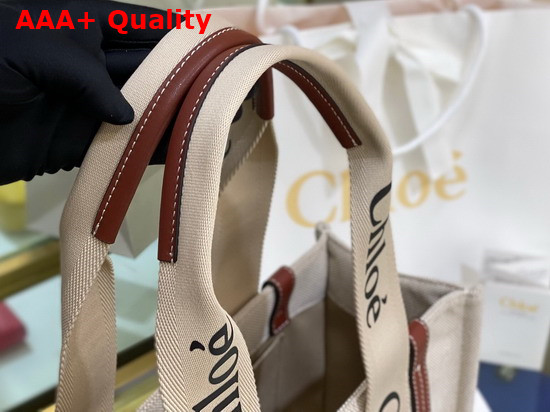 Chloe Medium Woody Tote Bag in Cotton Canvas and Shiny Calfskin with Woody Ribbon White and Brown Replica