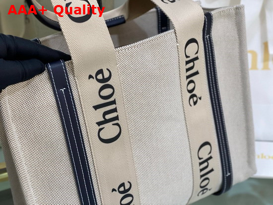 Chloe Medium Woody Tote Bag in Cotton Canvas and Shiny Calfskin with Woody Ribbon White and Full Blue Replica