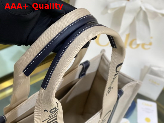 Chloe Medium Woody Tote Bag in Cotton Canvas and Shiny Calfskin with Woody Ribbon White and Full Blue Replica