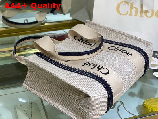 Chloe Medium Woody Tote Bag in Cotton Canvas and Shiny Calfskin with Woody Ribbon White and Full Blue Replica