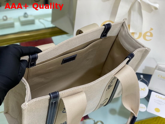 Chloe Medium Woody Tote Bag in Cotton Canvas and Shiny Calfskin with Woody Ribbon White and Full Blue Replica