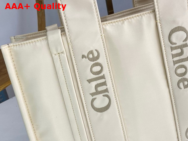 Chloe Medium Woody Tote Bag in Dusty Ivory Recycled Nylon with Chloe Logo Replica