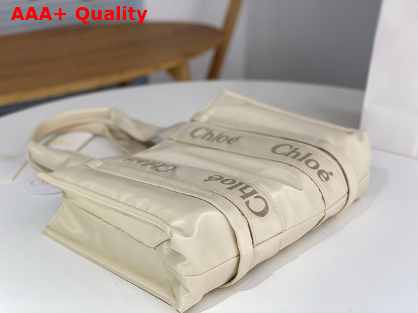 Chloe Medium Woody Tote Bag in Dusty Ivory Recycled Nylon with Chloe Logo Replica