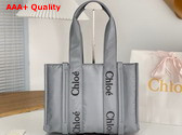 Chloe Medium Woody Tote Bag in Elephant Grey Recycled Nylon with Chloe Logo Replica