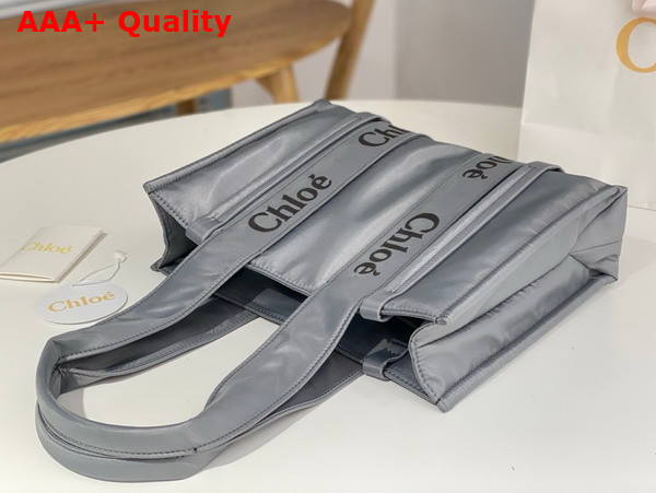 Chloe Medium Woody Tote Bag in Elephant Grey Recycled Nylon with Chloe Logo Replica