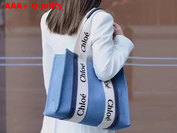 Chloe Medium Woody Tote Bag in Light Blue Denim and Black Shiny Calfskin with Woody Ribbon Replica