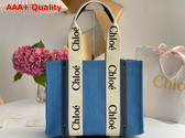 Chloe Medium Woody Tote Bag in Light Blue Denim and Black Shiny Calfskin with Woody Ribbon Replica