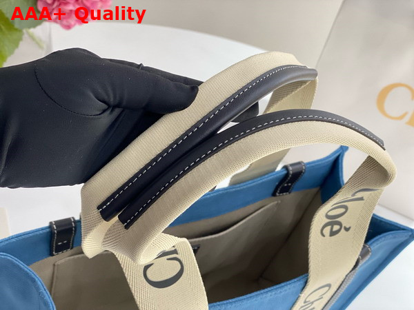 Chloe Medium Woody Tote Bag in Light Blue Denim and Black Shiny Calfskin with Woody Ribbon Replica