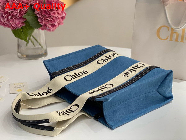 Chloe Medium Woody Tote Bag in Light Blue Denim and Black Shiny Calfskin with Woody Ribbon Replica