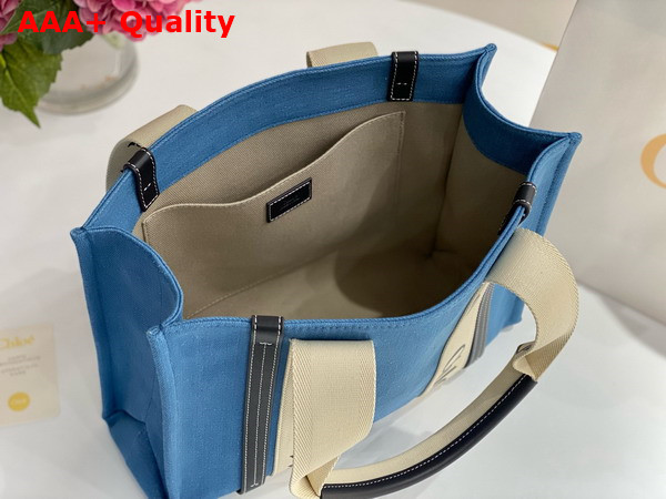 Chloe Medium Woody Tote Bag in Light Blue Denim and Black Shiny Calfskin with Woody Ribbon Replica