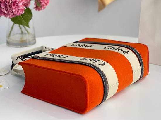Chloe Medium Woody Tote Bag in Recycled Felt and Shiny Calfskin with Woody Ribbon Flame Orange Replica