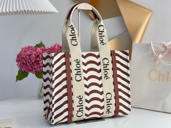 Chloe Medium Woody tote Bag in Cotton Jacquard and Shiny Calfskin with Woody Ribbon Sepia Brown Replica