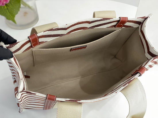 Chloe Medium Woody tote Bag in Cotton Jacquard and Shiny Calfskin with Woody Ribbon Sepia Brown Replica