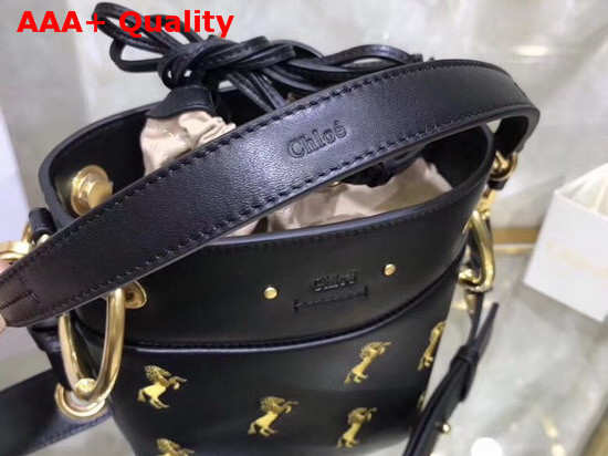 Chloe Mini Roy Bucket Bag in Black Smooth Calfskin with Little Horses Embroidery Replica
