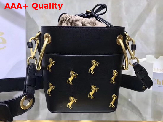 Chloe Mini Roy Bucket Bag in Black Smooth Calfskin with Little Horses Embroidery Replica