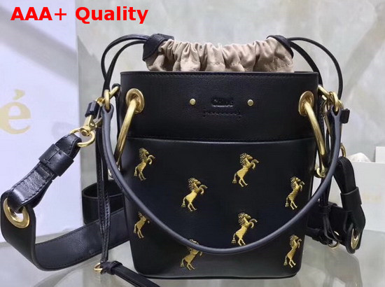 Chloe Mini Roy Bucket Bag in Black Smooth Calfskin with Little Horses Embroidery Replica