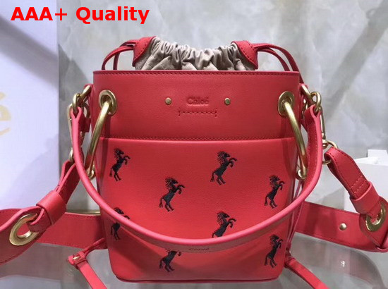 Chloe Mini Roy Bucket Bag in Earth Red Smooth Calfskin with Little Horses Embroidery Replica