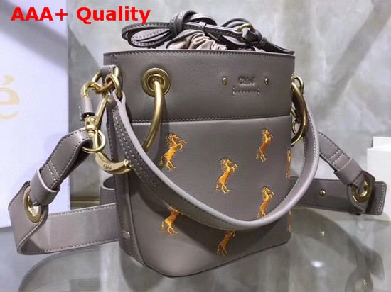 Chloe Mini Roy Bucket Bag in Motty Grey Smooth Calfskin with Little Horses Embroidery Replica