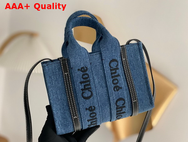 Chloe Mini Woody Tote Bag in Deadstock Denim and Shiny Calfskin with Chloe Logo Embroidery Replica