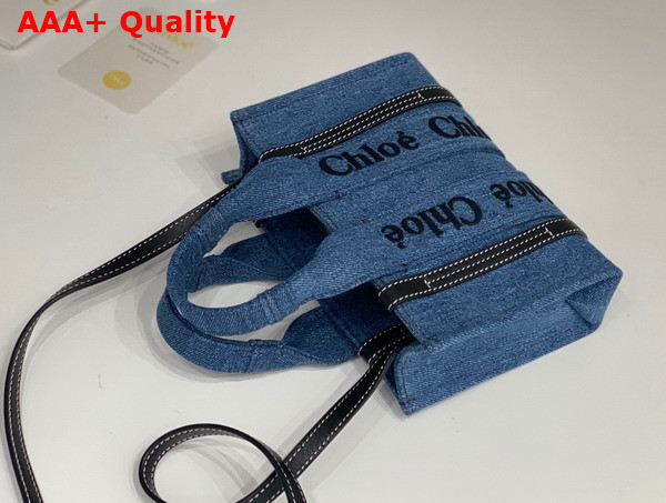 Chloe Mini Woody Tote Bag in Deadstock Denim and Shiny Calfskin with Chloe Logo Embroidery Replica