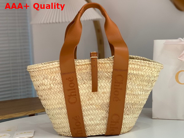 Chloe Sense Medium Basket Handbraided Raffia Smooth Calfskin and Chloe Logo Embroidery Caramel Replica