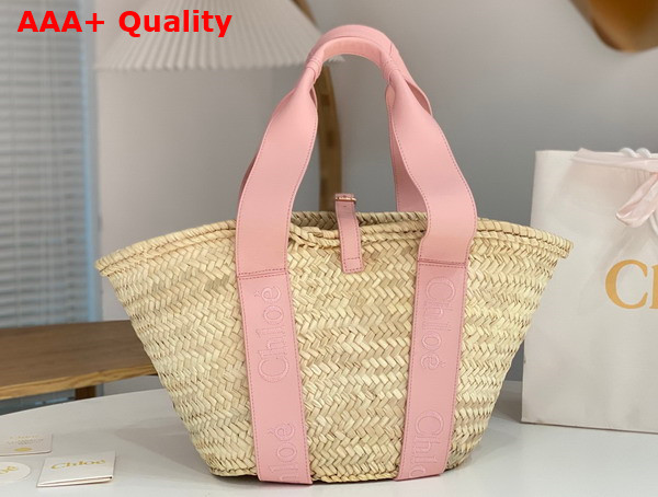 Chloe Sense Medium Basket Handbraided Raffia Smooth Calfskin and Chloe Logo Embroidery Nomad Beige Replica