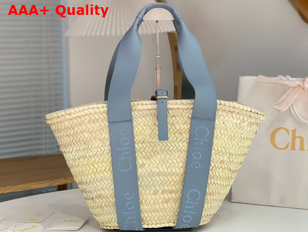 Chloe Sense Medium Basket Handbraided Raffia Smooth Calfskin and Chloe Logo Embroidery Storm Blue Replica
