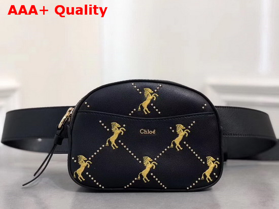 Chloe Signature Belt Bag in Black Smooth Calfskin with Embroidered Horses and Studs Replica