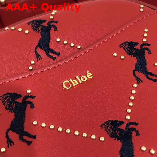 Chloe Signature Belt Bag in Earthy Red Smooth Calfskin with Embroidered Horses and Studs Replica