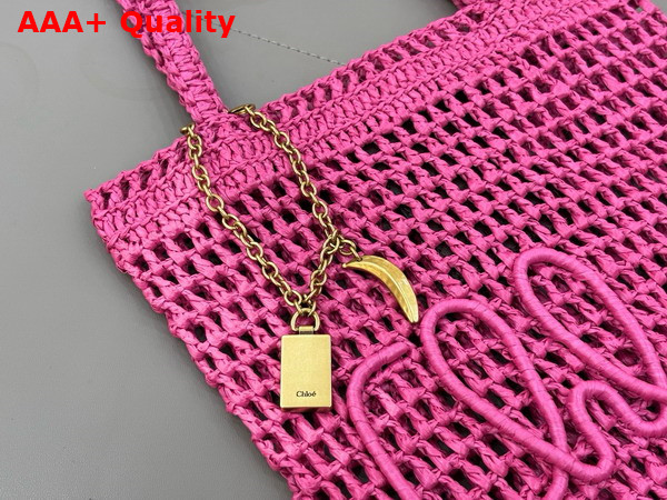 Chloe Small Summer Banana Tote Bag in Raffia Fuchsia Rose Replica