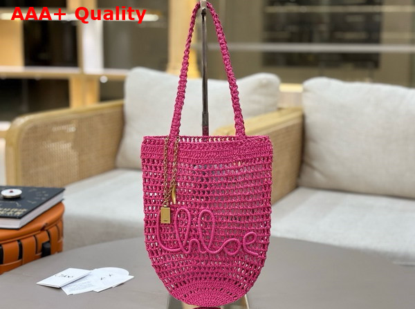 Chloe Small Summer Banana Tote Bag in Raffia Fuchsia Rose Replica