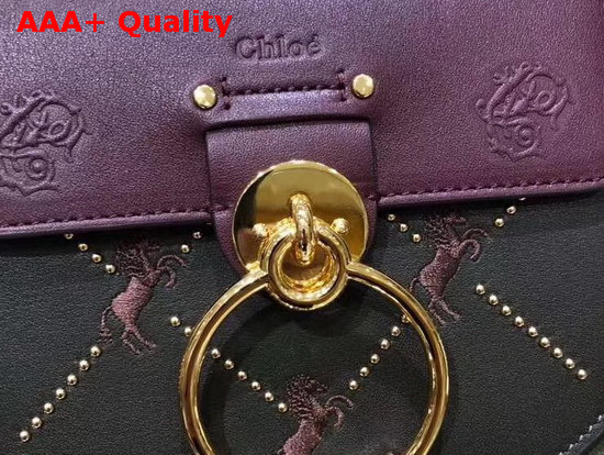 Chloe Small Tess Bag in Smooth Calfskin with Little Horses Embroidery and Debossed Baroque C Deep Forest Replica