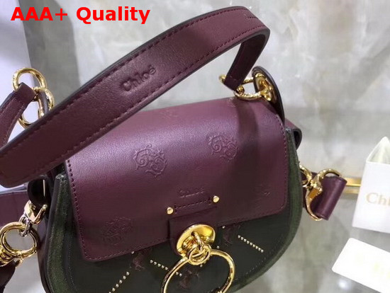 Chloe Small Tess Bag in Smooth Calfskin with Little Horses Embroidery and Debossed Baroque C Deep Forest Replica