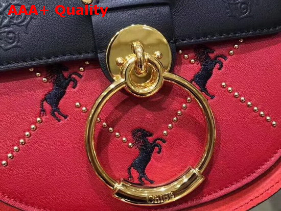 Chloe Small Tess Bag in Smooth Calfskin with Little Horses Embroidery and Debossed Baroque C Earthy Red Replica