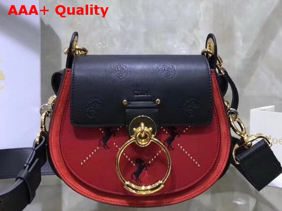 Chloe Small Tess Bag in Smooth Calfskin with Little Horses Embroidery and Debossed Baroque C Earthy Red Replica