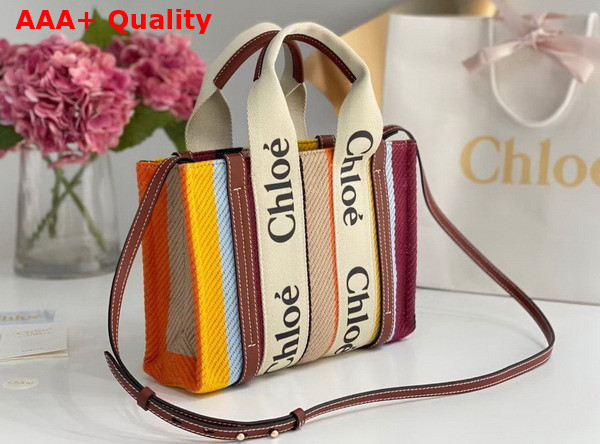 Chloe Small Tote Bag Striped Cotton Canvas and Shiny Calfskin Brown Multicolour Replica