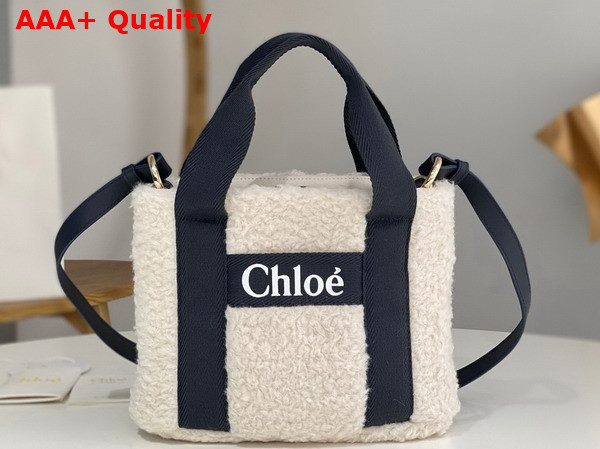 Chloe Small Woody Tote Bag in Beige Shearling and Black Nylon Replica